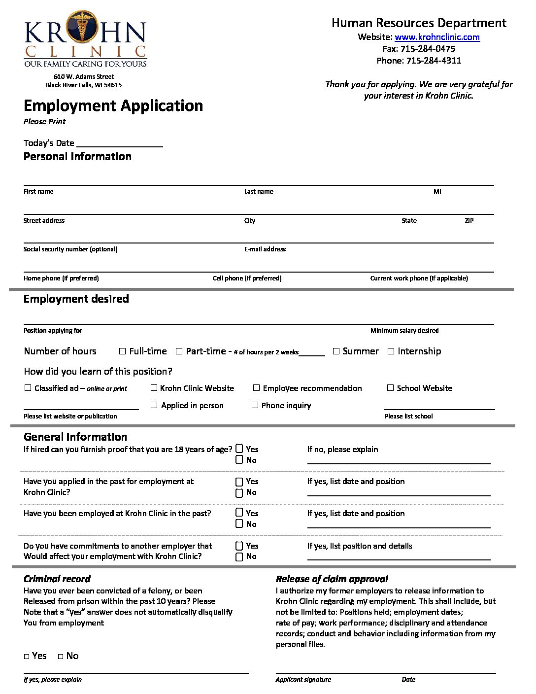 Employment Application – 10-2016 – Krohn Clinic